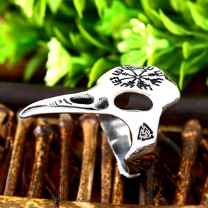 Viking raven skull ring in stainless steel with Vegvisir and Valknut symbols