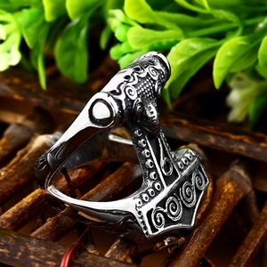 Vintage Mjölnir Thor's Hammer ring in stainless steel with Viking engravings