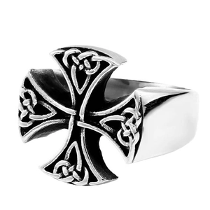 Vintage Viking Celtic cross ring in polished stainless steel with intricate knot patterns
