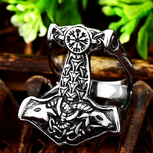 Vintage Thor's Hammer stainless steel ring with Vegvisir symbol and Viking ram motifs