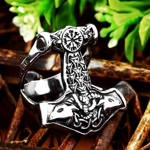 Vintage Viking Thor's Hammer stainless steel ring with Vegvisir compass and Celtic knots