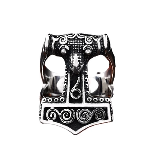 Vintage Mjolnir ring in stainless steel with retro relief patterns and rune engravings