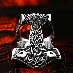 Vintage Viking Thor's hammer Mjölnir ring in stainless steel with Vegvisir compass detail
