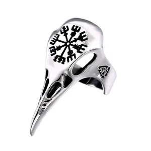 Viking Raven Skull Stainless Steel Ring Vegvisir Compass Valknut Nordic Pagan Jewelry Vintage Gothic Men Punk Finger Ring Silver Color