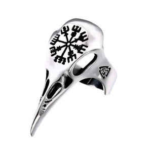 Vintage stainless steel viking raven skull ring with vegvisir and valknut symbols