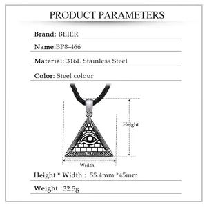 Stainless steel Eye of Providence pendant necklace with black cord on white background