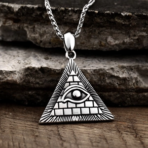 Vintage stainless steel Eye of Providence triangle pendant with woven chain necklace