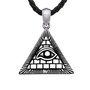 Vintage stainless steel Eye of Horus triangle pendant on a black braided leather cord necklace