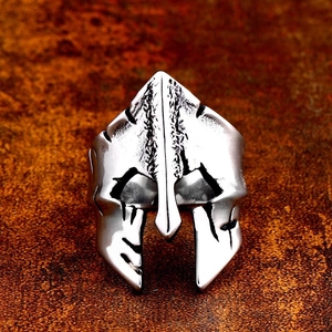 Vintage Spartan helmet ring in matte stainless steel with an antique silver finish