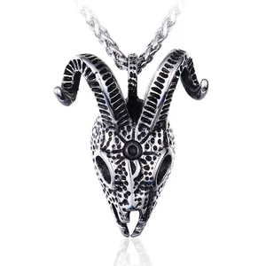 Ciondolo Teschio di Capra in Acciaio al Titanio Retro per Uomo Argento Antico Punk Gotico Testa di Ariete Gioielli