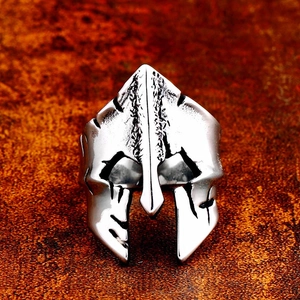 Macro shot of vintage Spartan helmet ring in distressed stainless steel for men