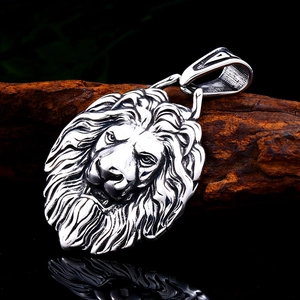 Polished stainless steel lion head pendant for men with intricate mane detail