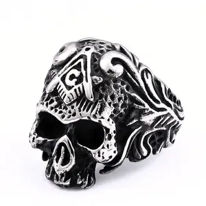 Anello Massonico Con Teschio Vintage in Acciaio Inossidabile Anello a Sigillo Massoneria Gotica Retro Per Uomo Gioielli