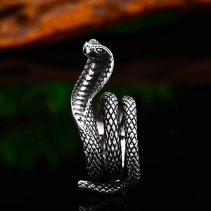 Vintage stainless steel cobra snake ring with realistic scale texture and coiled wrap design
