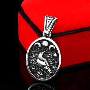 Pendentif corbeau viking en acier inoxydable vintage avec phases de lune et pentacle