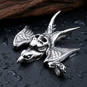 Vintage stainless steel gothic skull bird pendant with antique silver finish for men