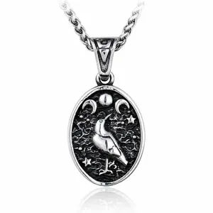 Pendentif en Acier Inoxydable Viking Corbeau Lune Étoiles Gothique Nordique Boussole Vegvisir Bijoux Homme Femme Cadeau Sans Chaîne