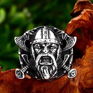 Vintage Viking warrior ring with double axes and shield in oxidized stainless steel