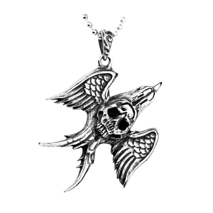 Vintage stainless steel gothic swallow pendant with a skull head on a bead chain