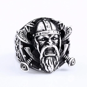 Vintage oxidized silver Viking warrior ring with double axes for men made of stainless steel