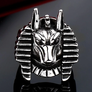 Detailed close-up of retro silver stainless steel wolf head ring with Anubis motif