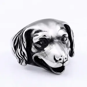Bague Tête de Chien Golden Retriever en Acier Inoxydable Vintage pour Hommes Punk Rétro Acier au Titane Bijoux Animaux