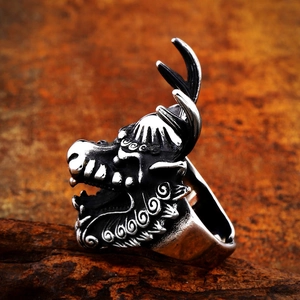 Vintage roestvrijstalen drakenkop ring voor heren met gedetailleerde schubben en zilver