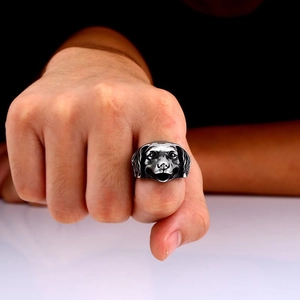 Bague rétro en acier inoxydable avec tête de chien Golden Retriever style punk pour homme