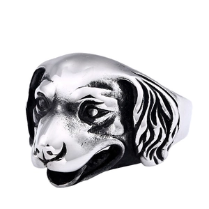 Bague vintage en acier inoxydable avec tête de Golden Retriever et détails de style punk