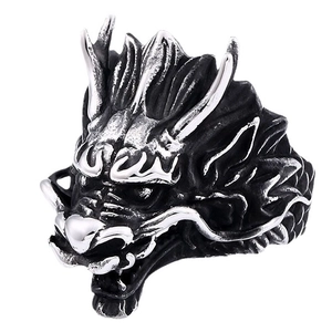 Retro roestvrijstalen drakenkop ring voor heren in vintage zilver punk gothic stijl