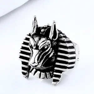 Vintage Stainless Steel Anubis Ring For Men Ancient Egyptian Wolf Head Gothic Punk Band Ring Burnished Finish Fashion Jewelry