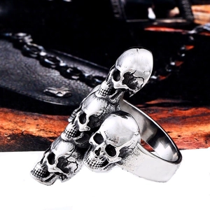 Vintage stainless steel triple skull ring for men with gothic punk blackened finish