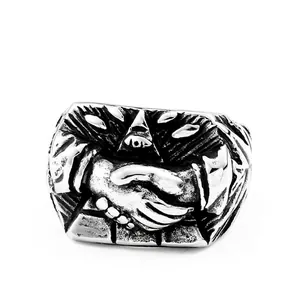 Vintage Titanium Steel Handshake Ring For Men Gothic All Seeing Eye Triangle Pattern Biker Punk Fashion Finger Ring Jewelry