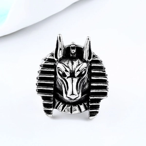 Vintage stainless steel Anubis wolf head ring with a retro silver finish and detailed design