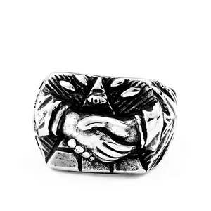 Retro stainless steel men's ring with handshake design and mystical triangle eye symbol