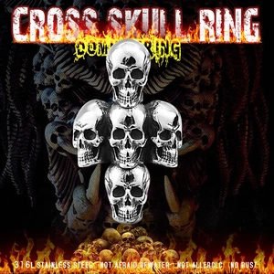Detail of Gothic 316L stainless steel skull cross ring with dark flame background
