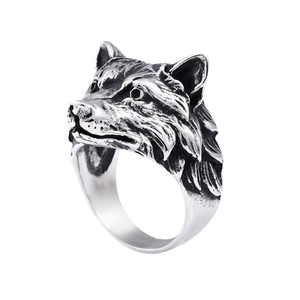Bague tête de loup vintage pour homme en acier inoxydable avec finition argentée