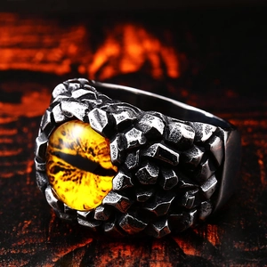 Retro punk demon eye stainless steel ring for men with yellow dragon eye stone