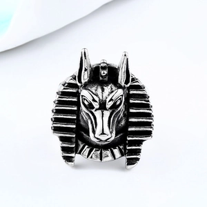 Vintage stainless steel Anubis ring with detailed ancient Egyptian wolf head design