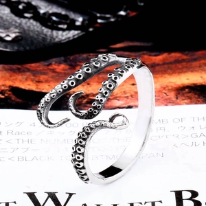 Vintage stainless steel octopus tentacle open ring with detailed suction cup texture