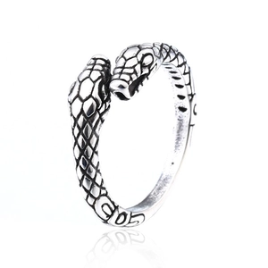 Vintage stainless steel double snake head ring with detailed silver scales for men