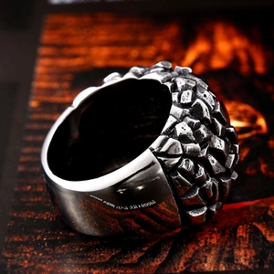 Retro punk style stainless steel mens ring with rugged crushed stone texture finish