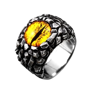 Vintage punk dragon eye ring in stainless steel with orange stone and rocky texture
