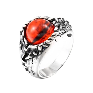 Bague gothique rétro avec œil de démon, pierre rouge et acier inoxydable oxydé argent