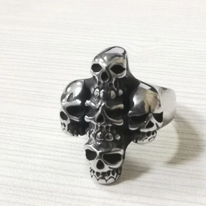 Silver stainless steel skull cross ring for men featuring five dimensional gothic skulls