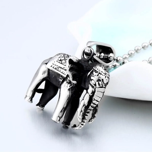 Vintage stainless steel elephant pendant necklace with detailed relief on a ball chain