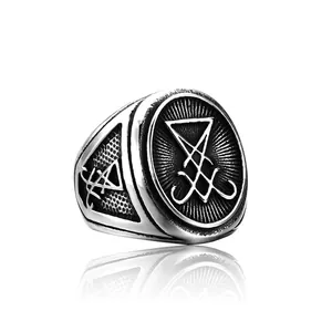 Men's Retro Stainless Steel Sigil Of Lucifer Ring Gothic Punk Satanic Signet Ring Antique Silver Band Jewelry For Men