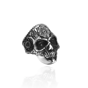 Vintage Punk Skull Ring For Men Carved Mandala Sugar Skull Stainless Steel Gothic Biker Ring Retro Jewelry Gift For Party