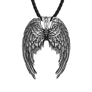 Vintage stainless steel angel wings pendant with detailed feathers on a black woven cord