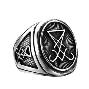 Vintage stainless steel Sigil of Lucifer ring with antique silver finish for men